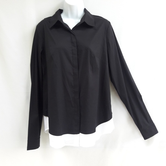 Bailey 44 Black Blouse Button Front Open Overlap Crossover Back White USA L - Picture 2 of 8